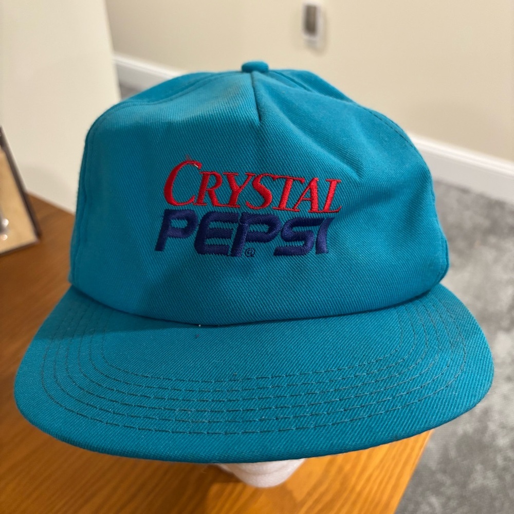 Vintage Crystal Pepsi Hat Cap Snapback Promo Teal USA MADE Soda Pop Advertising